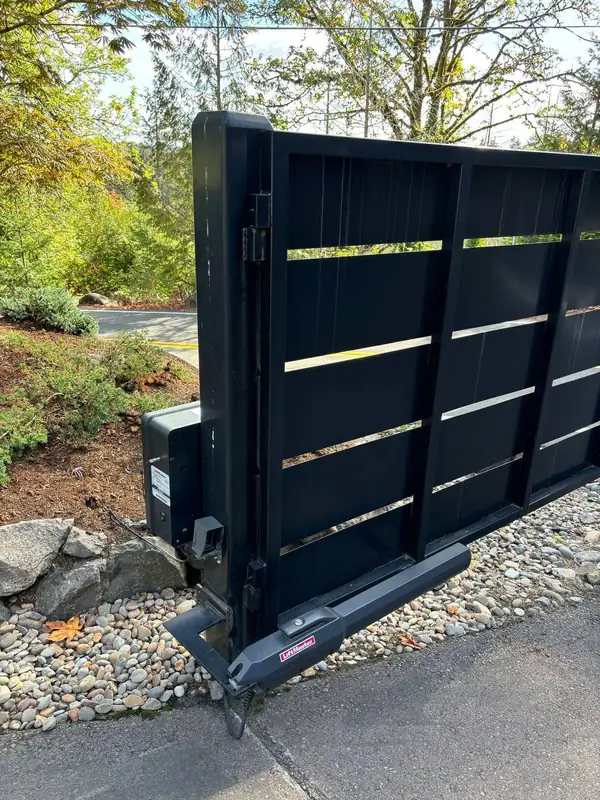 Close-up of LiftMaster gate operator and hinge hardware on a modern black steel gate