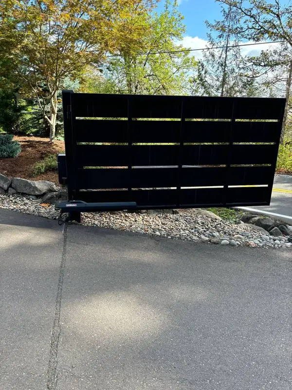Black horizontal-slat automatic driveway swing gate with LiftMaster operator at a landscaped residential entrance