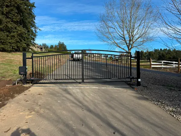Closed black steel dual-swing driveway gate with LiftMaster operators on concrete apron