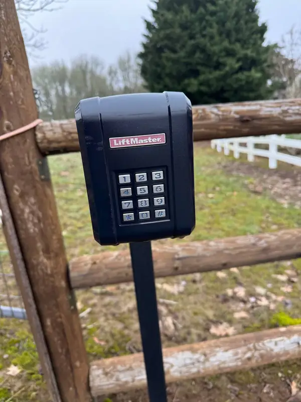 LiftMaster keypad entry system installed on a gooseneck post