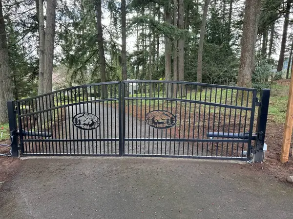 Arched ornamental iron double swing gate with wildlife panels framed by evergreen trees
